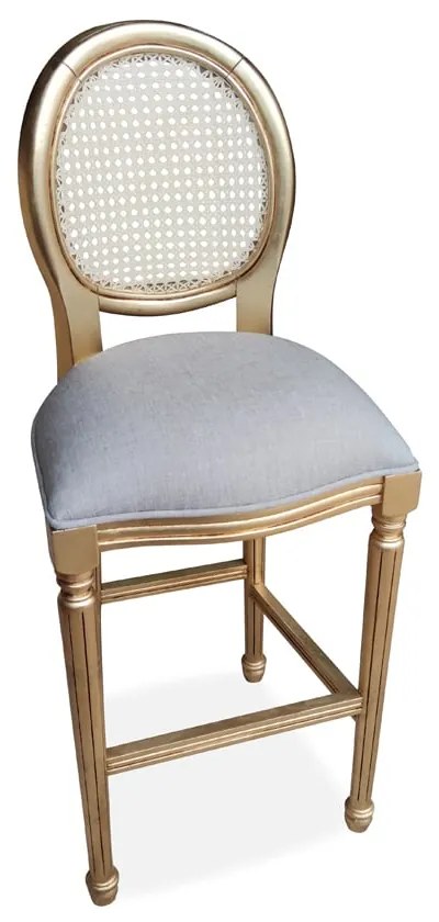 Banqueta Medalhão Encosto Palha Assento Estofado Madeira Maciça Torneada Design de Luxo Artesanal