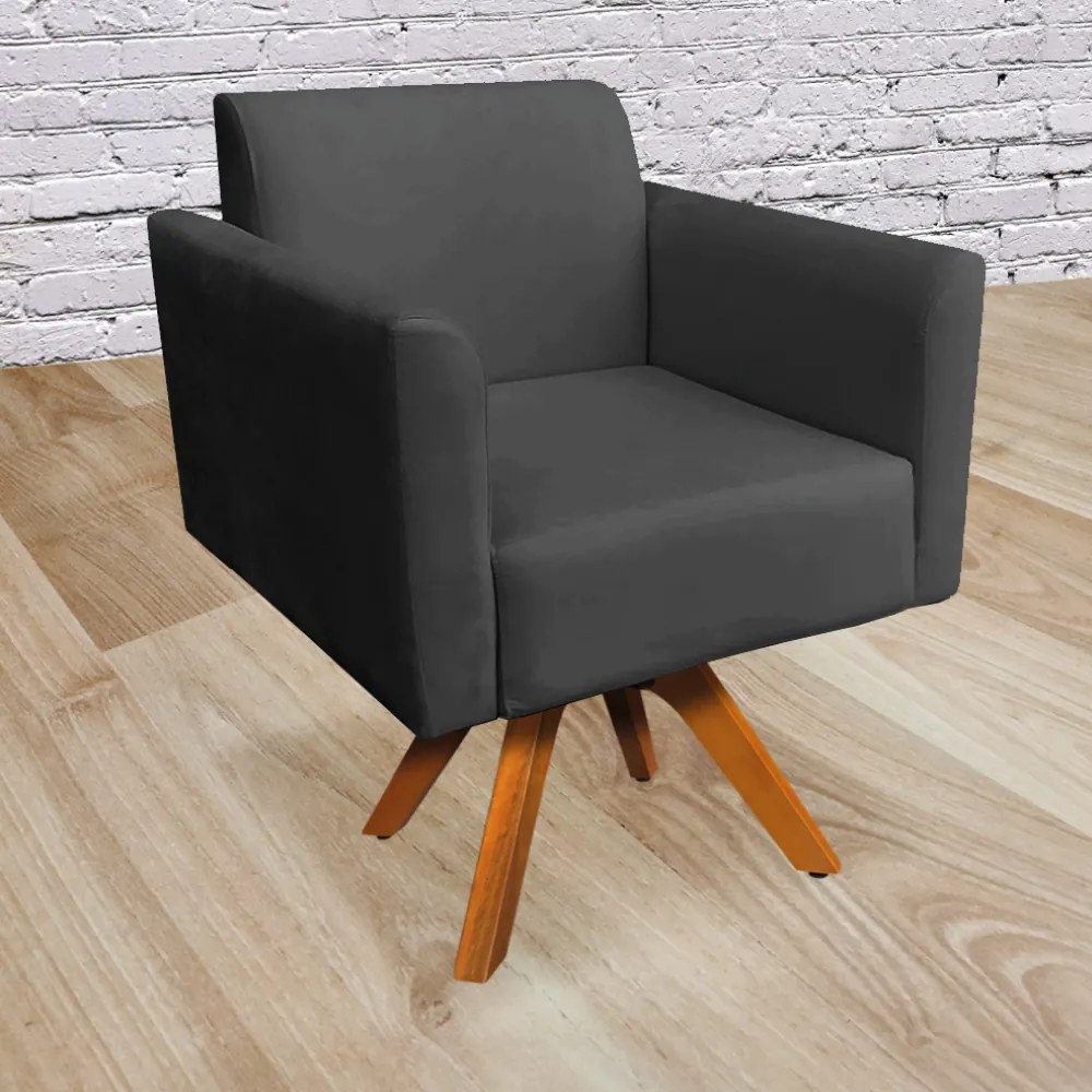 Kit 02 Poltronas Giratória Marisa Suede Preto Base Madeira MM30