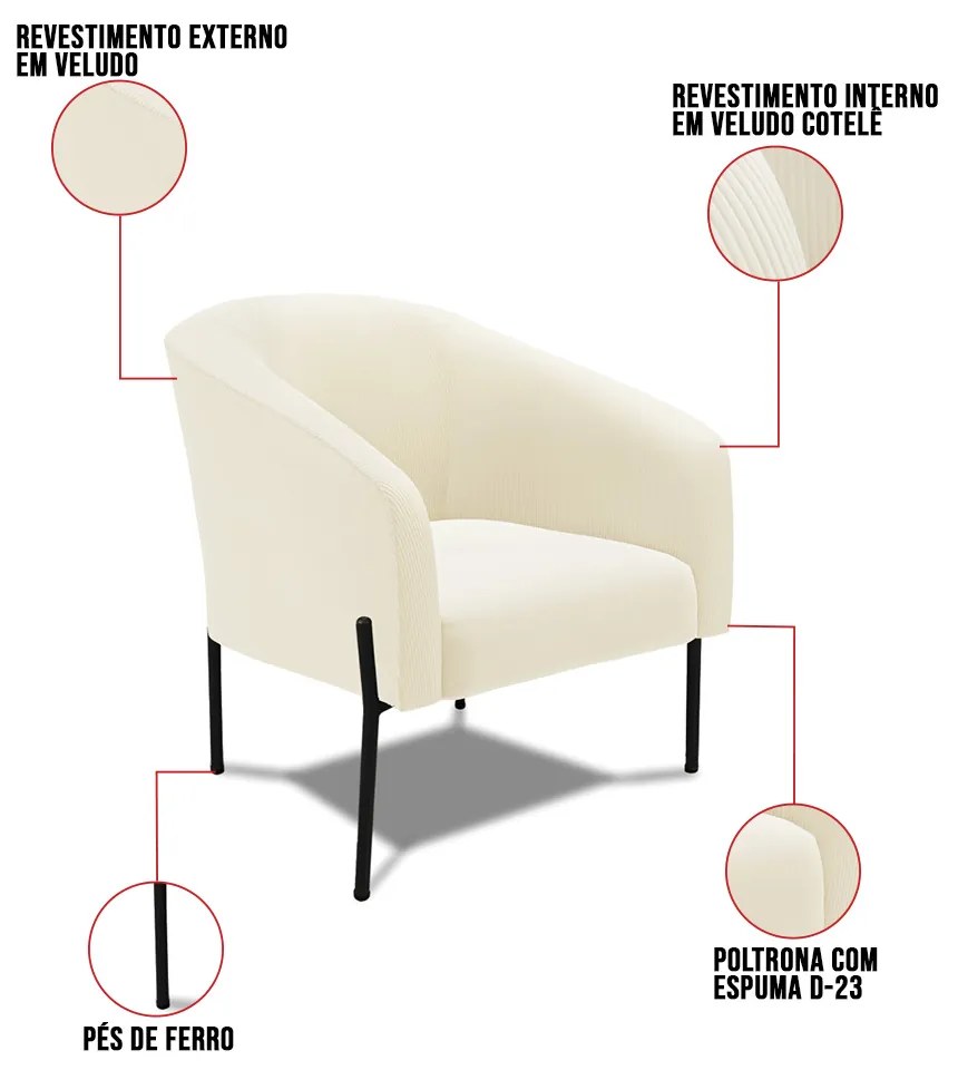 Poltrona Decorativa Pé de Ferro Preto Stella Cotelê Int/Veludo D03 - D'Rossi - Off White