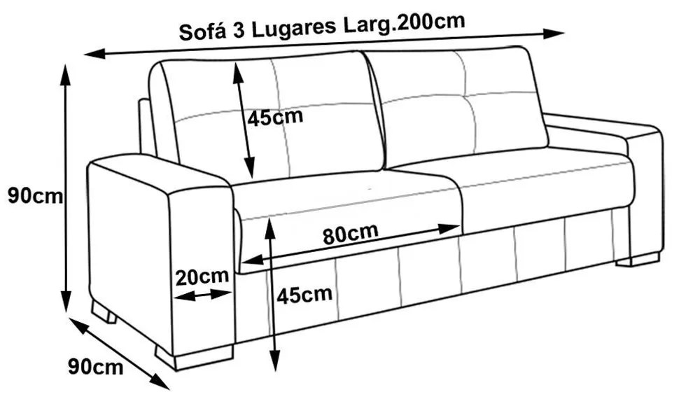 Sofá 3 Lugares 200cm Turim Couro Preto Fosco G58 - Gran Belo