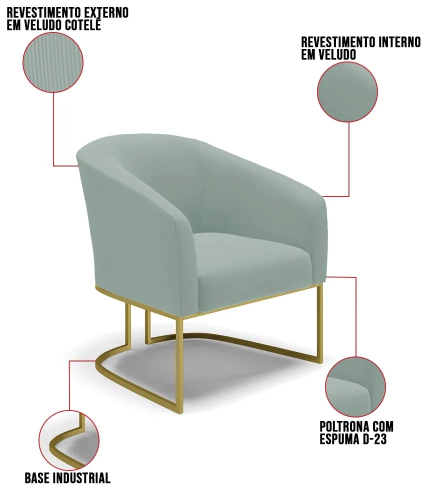 Poltrona Decorativa Industrial Dourado Stella Cotelê Ext/Veludo D03 - D'Rossi - Menta