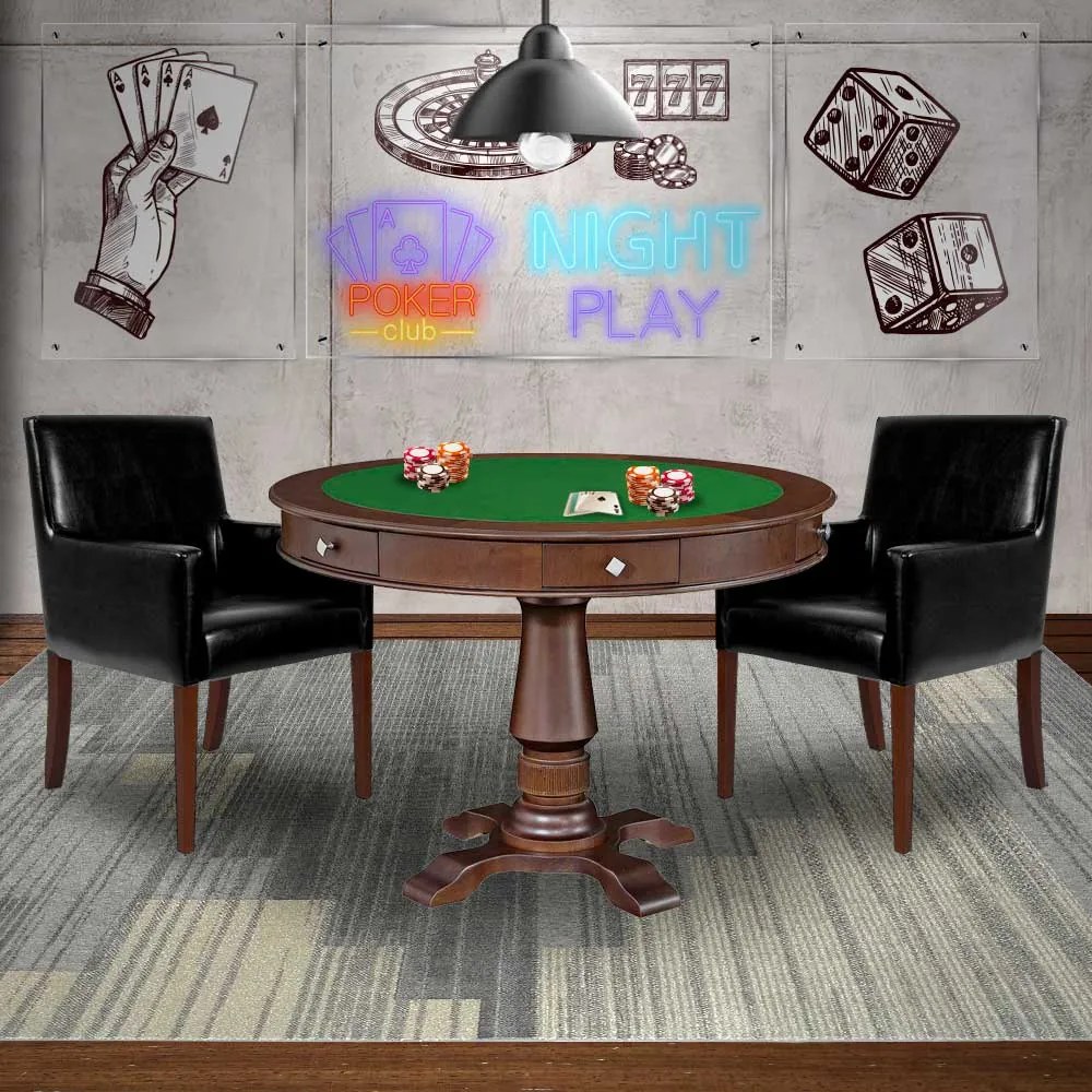 Mesa de Jogos Carteado Victoria Redonda Tampo Reversível Imbuia com Kit 2 Cadeiras Liverpool PU Preto Liso G36 G15 - Gran Belo
