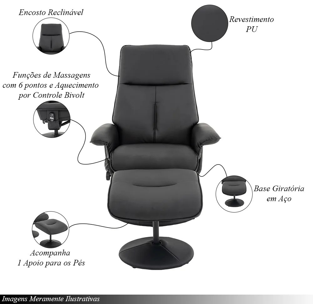 Kit 3 Poltronas de Massagem Arizona Giratória com Apoio de Pés e Reclinável PU Preto G56 - Gran Belo
