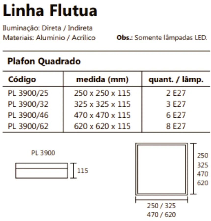 Plafon De Sobrepor Flutua Quadrado 47X47Cm 6Xe27 Metal E Acrílico | Us... (MR-T - Marrom Texturizado)