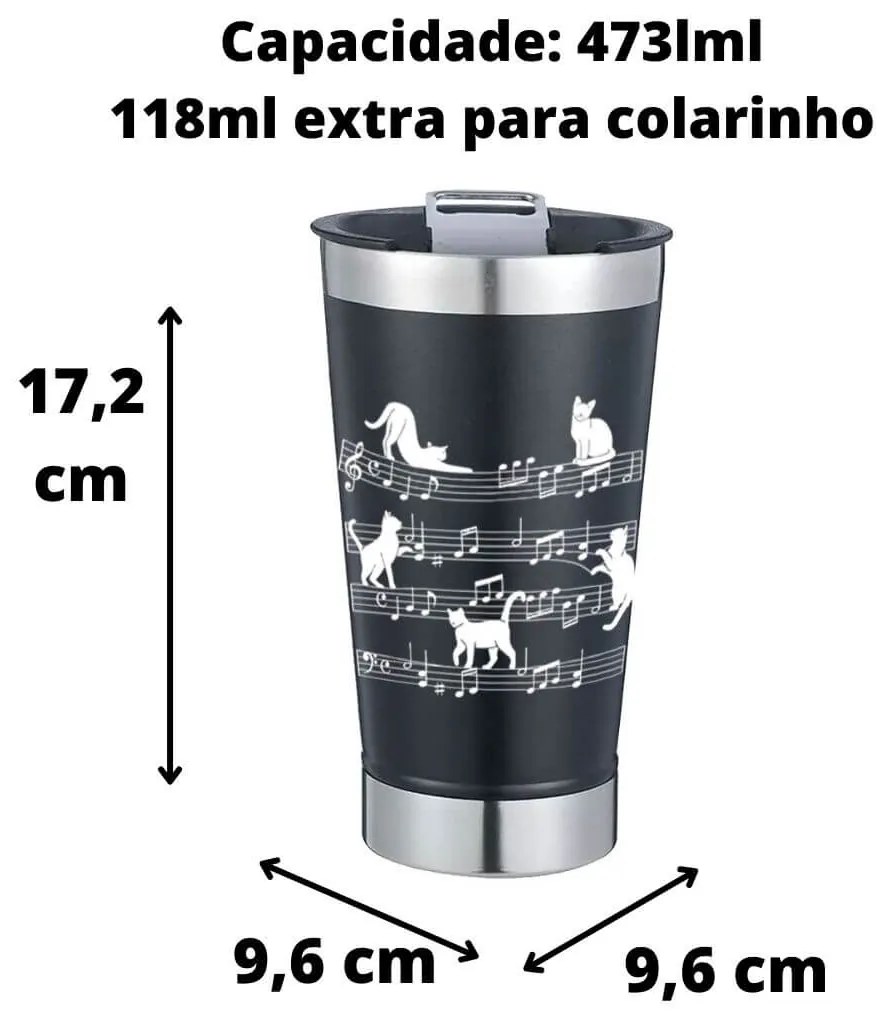 Copo Térmico Gato Musical Preto Com Tampa e Abridor Chopp