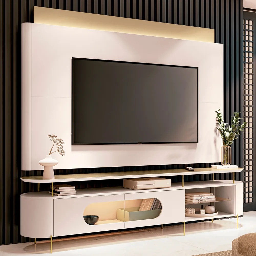 Conjunto Painel c/LED Nobre e Bancada Ária TV até 85 Polegadas Off White/Champagne G26 - HB Móveis