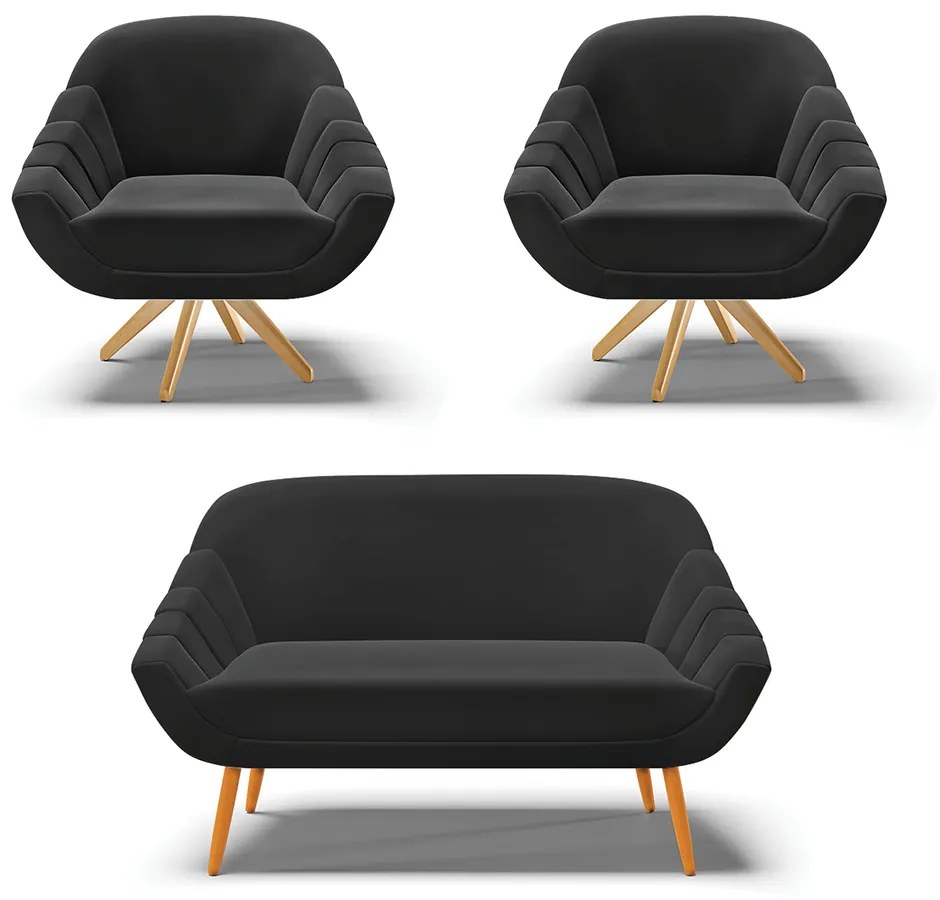 Kit 01 Namoradeira 02 Lugares e 02 Poltronas Giratória Giovana Suede Base Madeira MA30 - D'Rossi - Preto