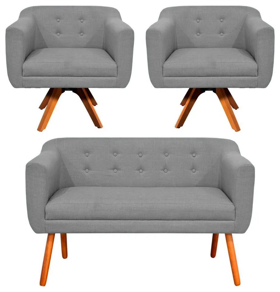 Kit 01 Namoradeira e 02 Poltronas Giratória Julia Linho Base Madeira MM30 D01 - D'Rossi  - Cinza A26