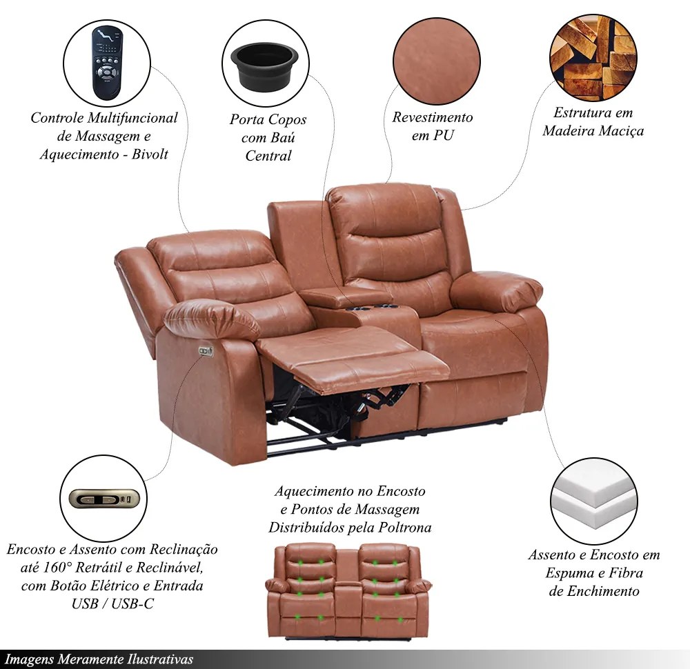 Conjunto Poltronas 2 e 3 Lugares Elétricas Sala de Cinema Hollywood com Massagem Aquecimento Entrada USB/USB-C PU Caramelo G94 - Gran Belo