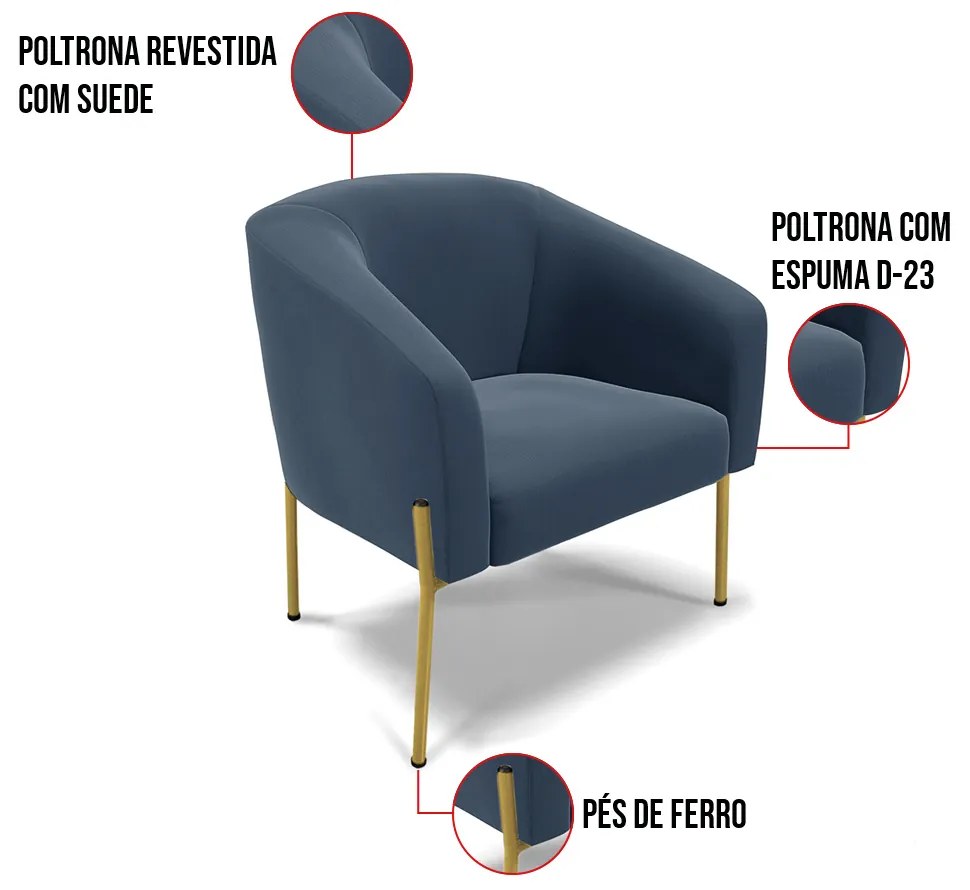 Poltrona Decorativa Pé de Ferro Dourado Kit 2 Stella Suede D03 - D'Rossi - Azul Marinho