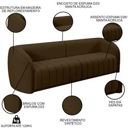 Sofá Decorativo 3 Lugares 252cm e Poltrona Meris M22 Veludo Marrom - M