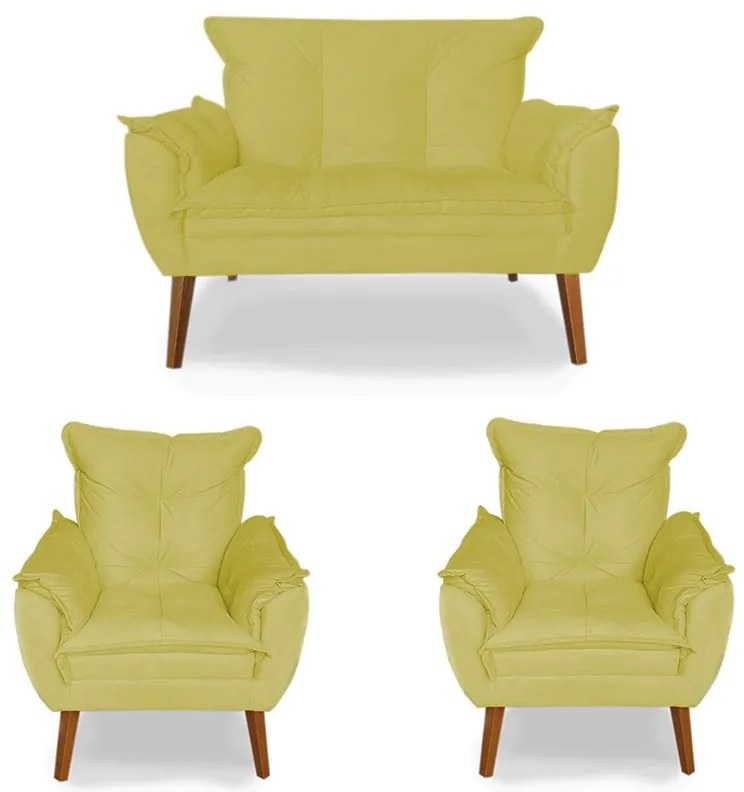 Kit 2 Poltronas 1 Namoradeira Apolo Pés Madeira Suede Amarelo - Sheep Estofados - Amarelo