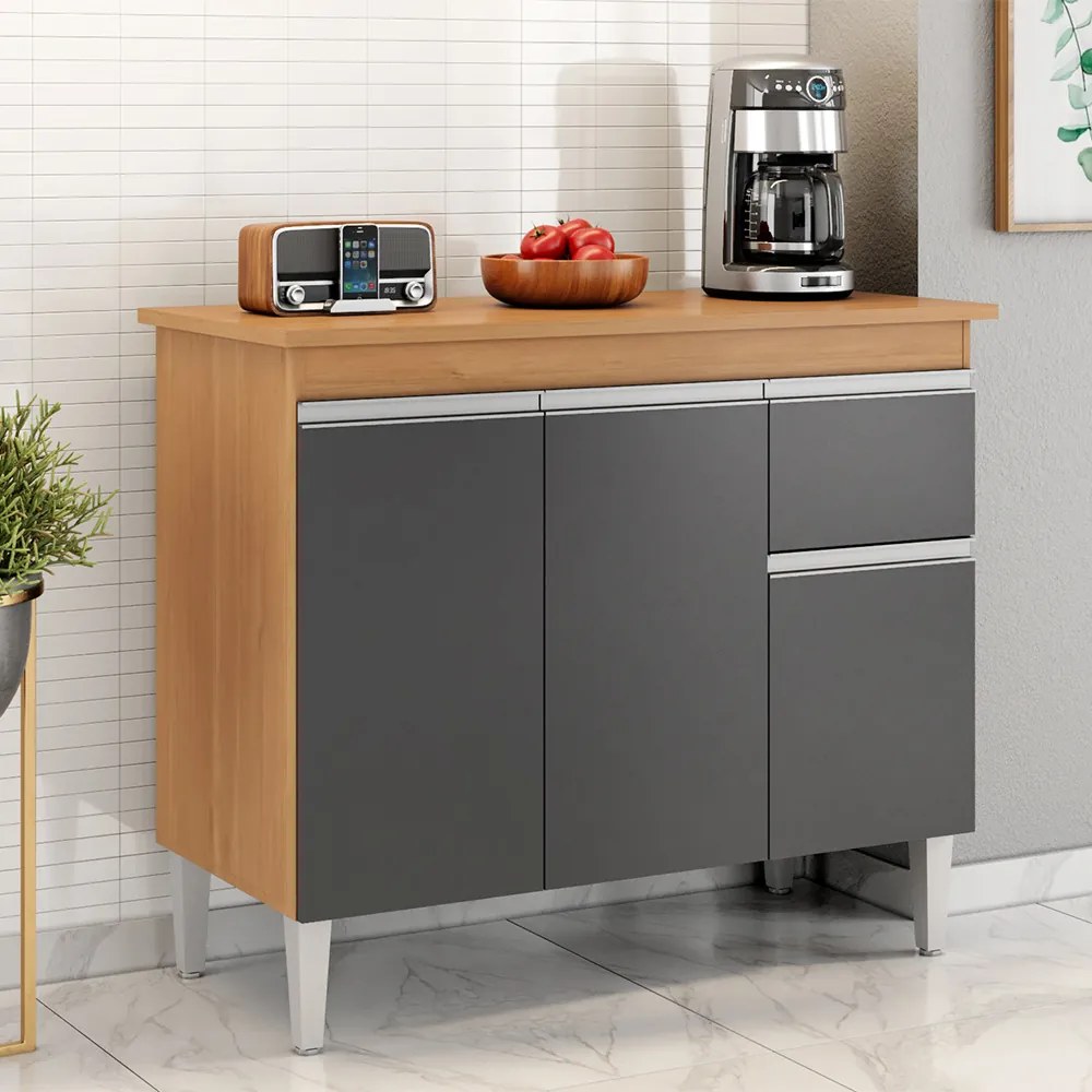 Balcão Cozinha com Tampo 100cm 3 Portas Taylla A01 - D'Rossi - Amendoa e Preto