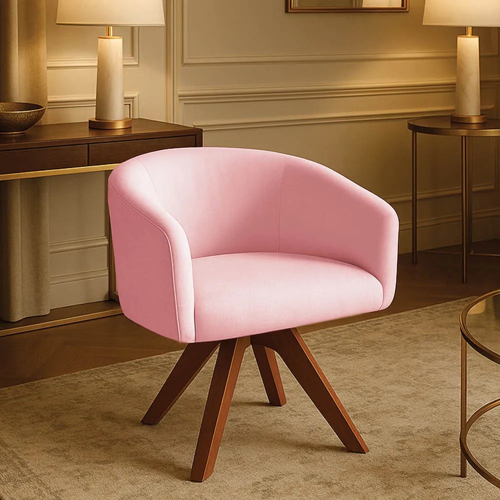 Poltrona Sala Base Giratória Madeira Arielle Suede D03 - D'Rossi - Rosa Bebê