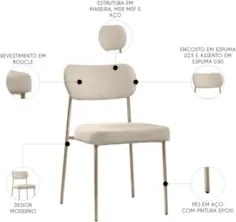 Cadeira Jantar Estofada Pé Metal Rosê Kit 2 Lavy Boucle Bege S08 - Mpo