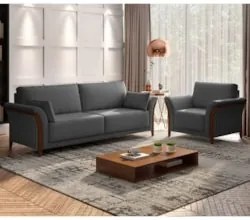 Kit Sofá Living 3 Lugares e Poltrona 102cm Pés Madeira Roya Z32 Linho