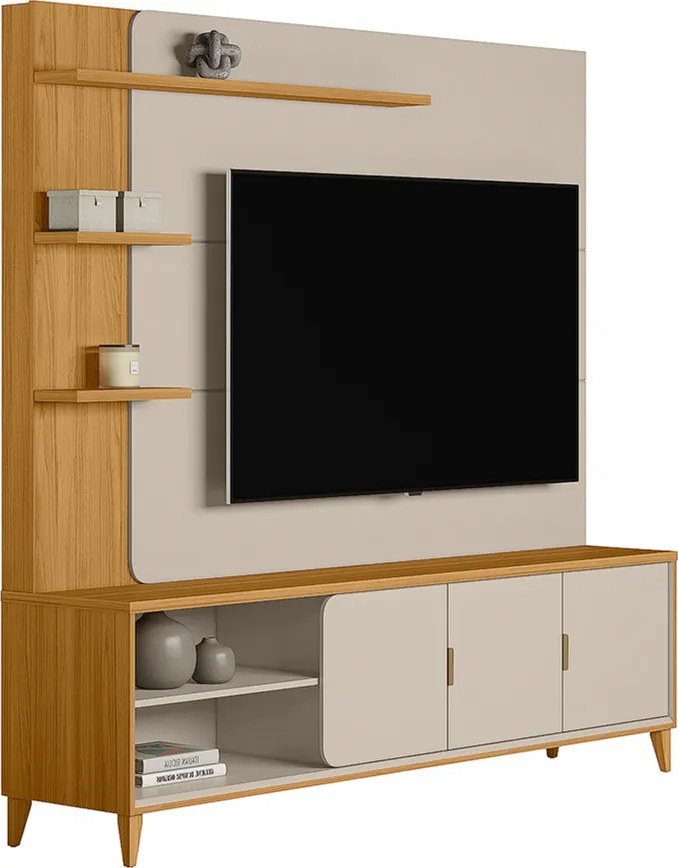 Home Decorativo Nala MDP/MDF TV até 70 Polegadas Pés de Madeira Tauari/Off White G77 - Gran Belo