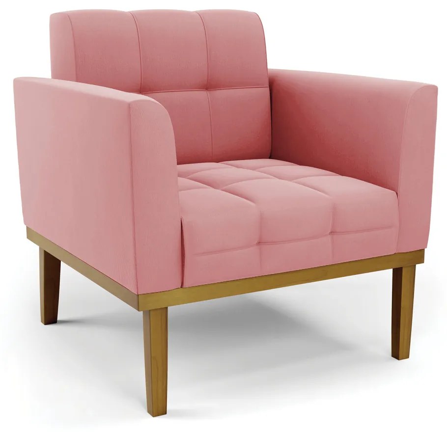 Poltrona Decorativa Karen Pés Fixo em Madeira Castanho Suede Rose G19 - Gran Belo