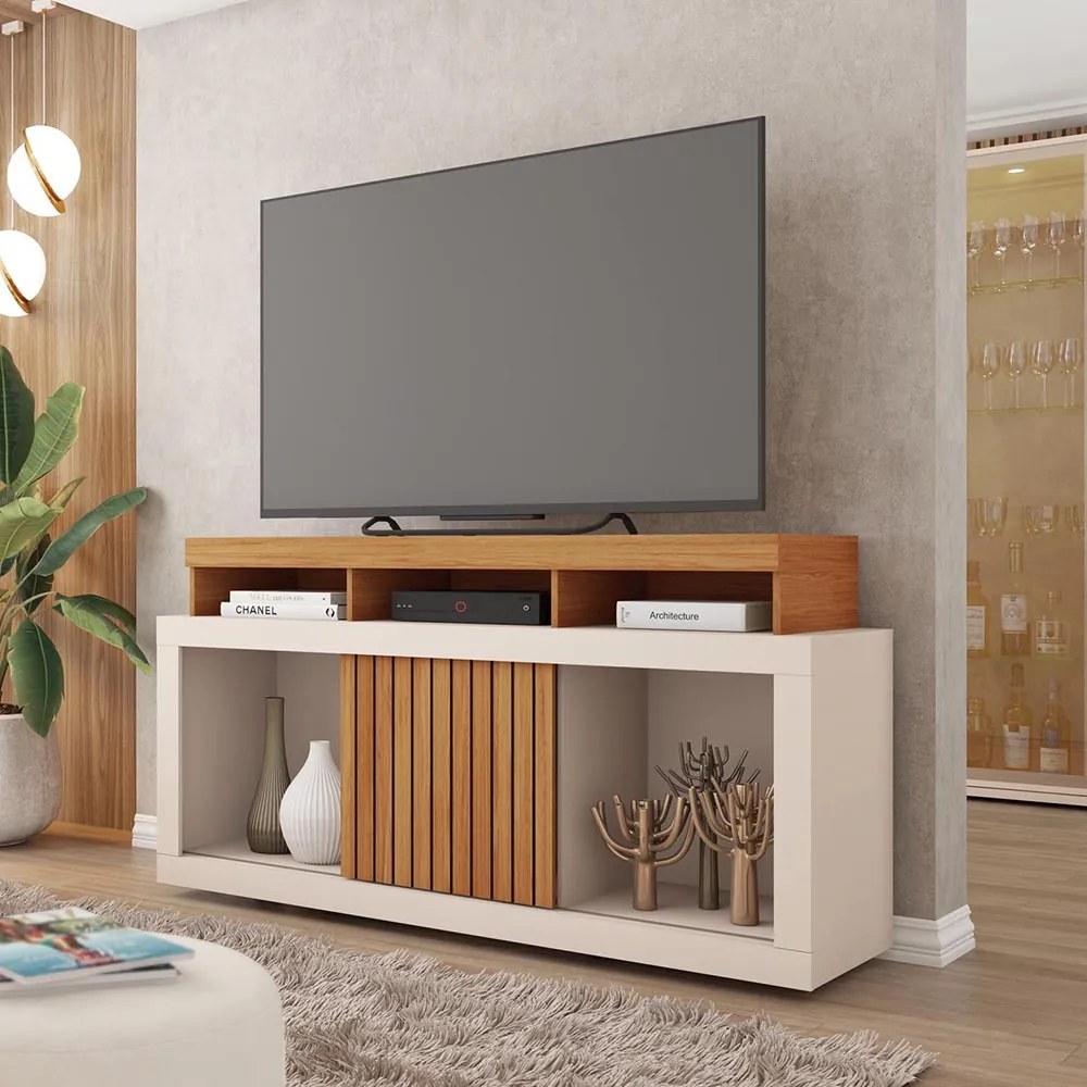 Rack TV 55 Pol 136cm Bancada com Rodízio Sala Lyara Freijó/Off White C01 - D'Rossi
