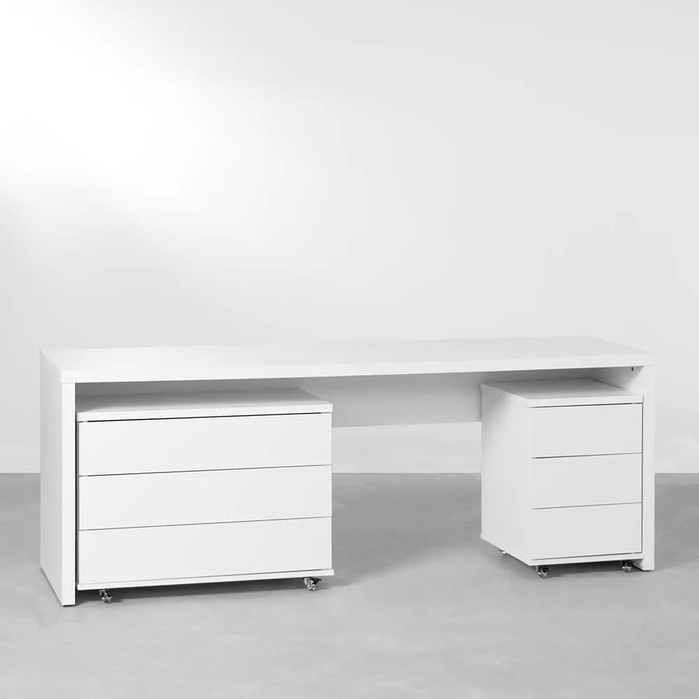 Conjunto Office - Bancada Contemporânea Branco 2,06m + Gaveteiro 3 Gavetas Branco 42,5cm  +  Gaveteiro 3 Gavetas Branco 85cm - Conjunto Office - Bancada Contemporânea Branco 2,06m + Módulo 3 Gavetas Branco 42,5cm  +  Módulo 3 Gavetas Branco 85cm