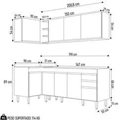 Armário de Cozinha Modulado de Canto Direito 4 Peças CP40 Balcão sem T