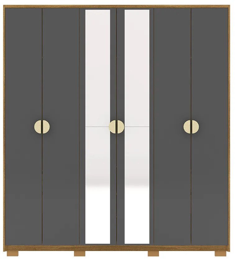 Guarda Roupa Casal Marlin 6 Portas de Bater 2 com Espelhos 4 Gavetas com Nichos MDF Nature/Chumbo G98 - Gran Belo