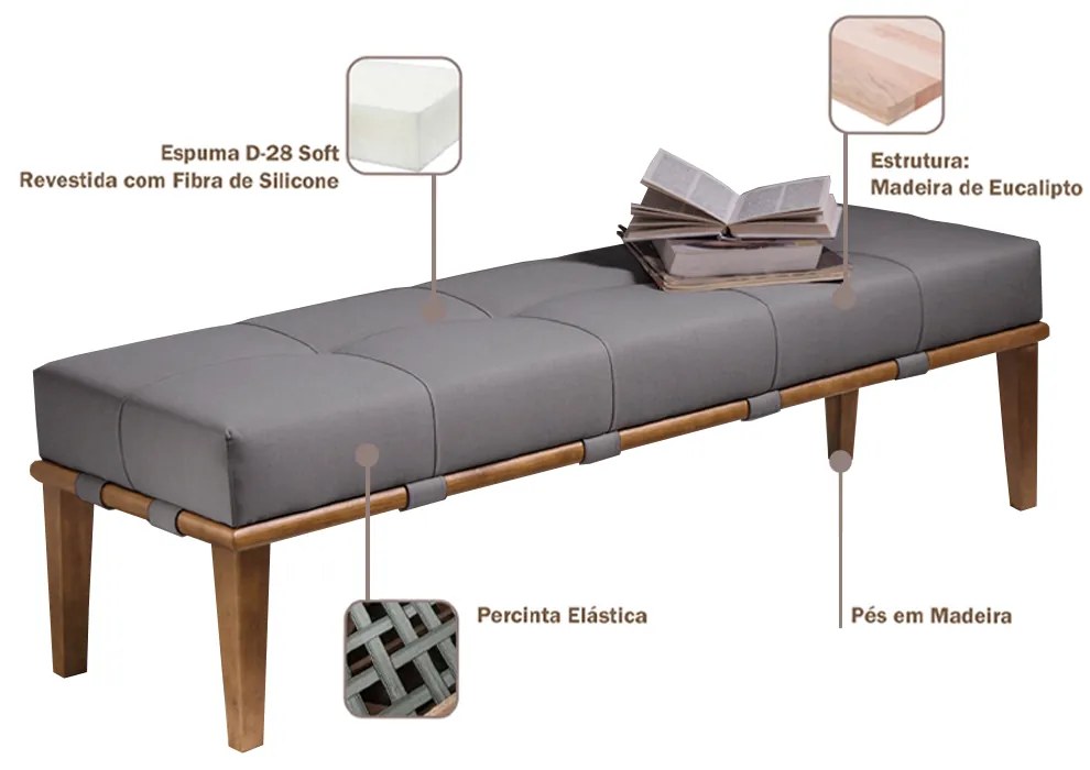 Recamier Decorativo 140cm Martínez Linho Pés Madeira Cinza/Natural G62 - Gran Belo