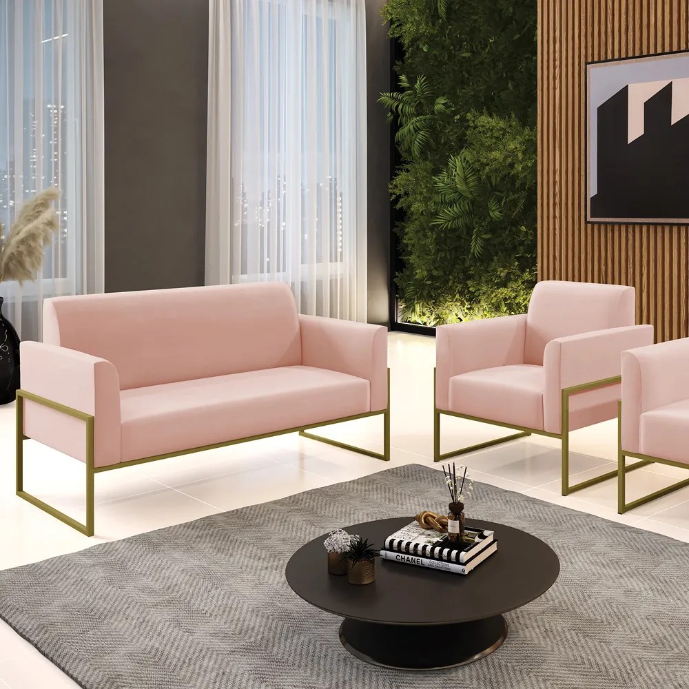 Sofá Namoradeira com Poltrona Base Industrial Alta Dourado Marisa Veludo Rosê