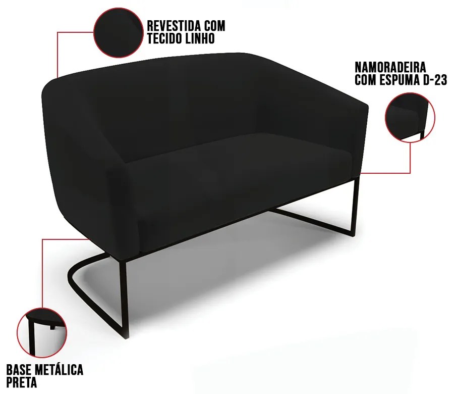 Sofá 2 Lugares Namoradeira Industrial Preto Stella Linho Preto D03 - D'Rossi