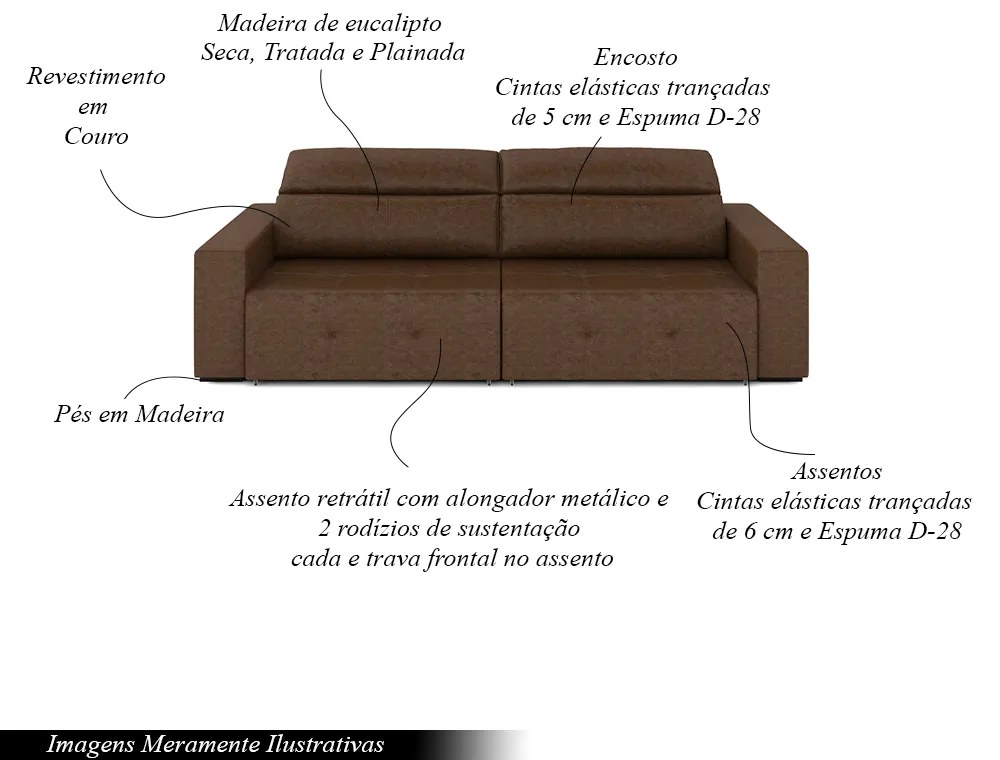 Sofá Retrátil 3 Lugares 224cm 2 Módulos Nero Couro Manchado G52 - Gran Belo