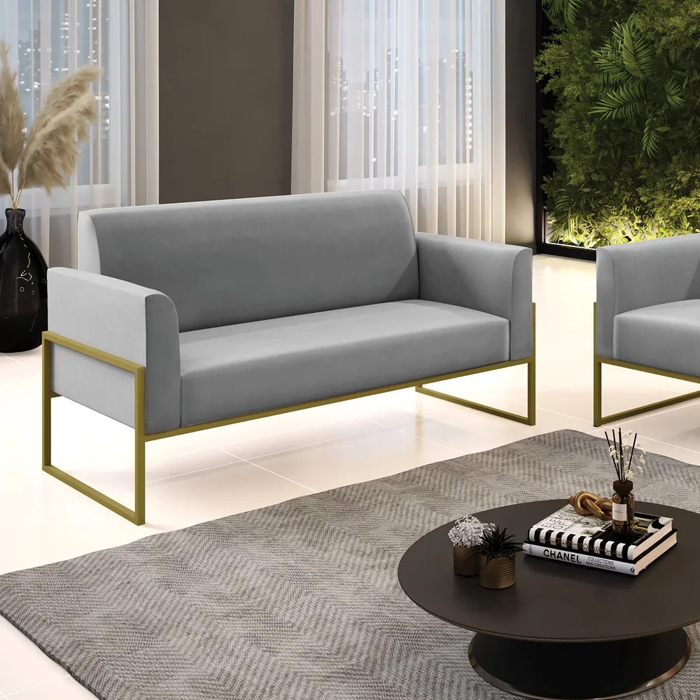 Sofá Namoradeira Base Industrial Alta Dourado Marisa Suede D03 - D'Rossi - Cinza