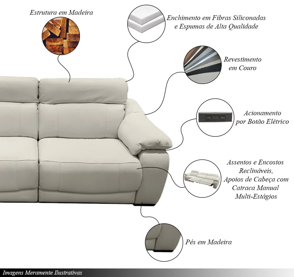 Sofá Elétrico Sala de Estar Reclinável Concepción U076 308cm Modulado Botão Elétrico Couro Bege Claro G49 - Idea Relax By Natuzzi Group