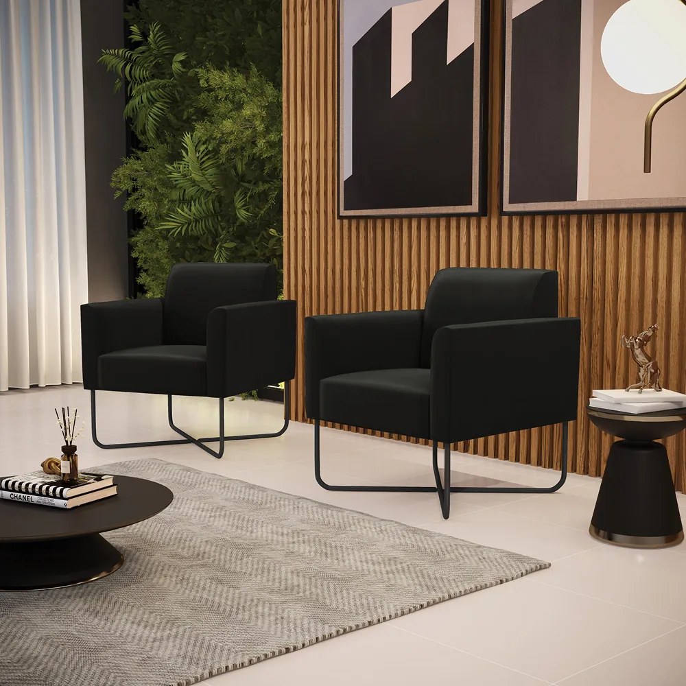 Kit 2 Poltronas Base X Industrial Preto Marisa Suede Preto D03 - DRossi