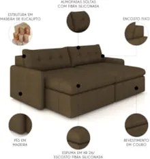 Sofá Retrátil 3 Lugares Para Sala 224cm Elios Couro Capuccino Z55 - Mp