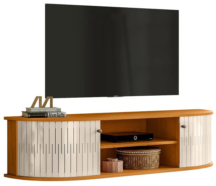 Rack TV 60 Pol 136cm Bancada Suspenso Ripado Norezi M20 - D'Rossi - Cinamomo e Off White