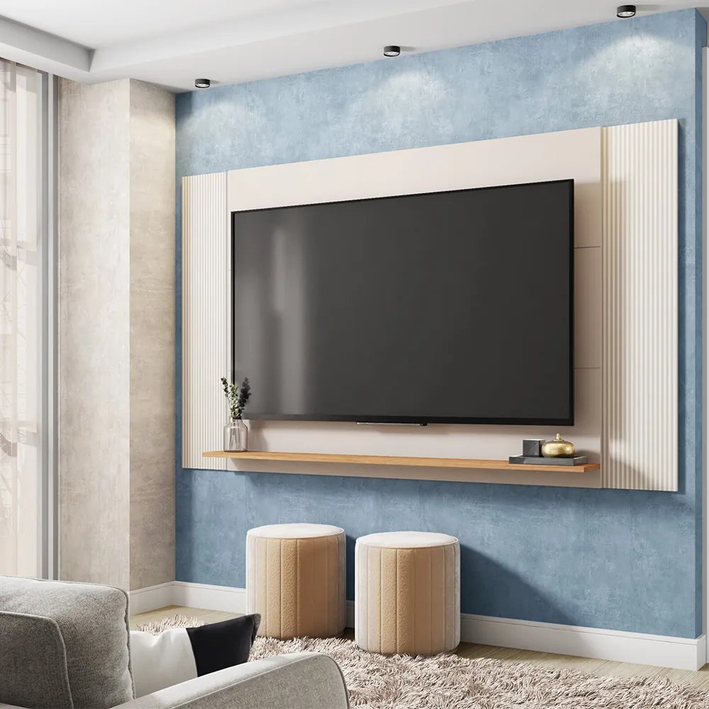 Painel TV até 65 Pol Extensível 136-150-180cm Suspenso Visari C01 - D'Rossi - Off White e Freijó