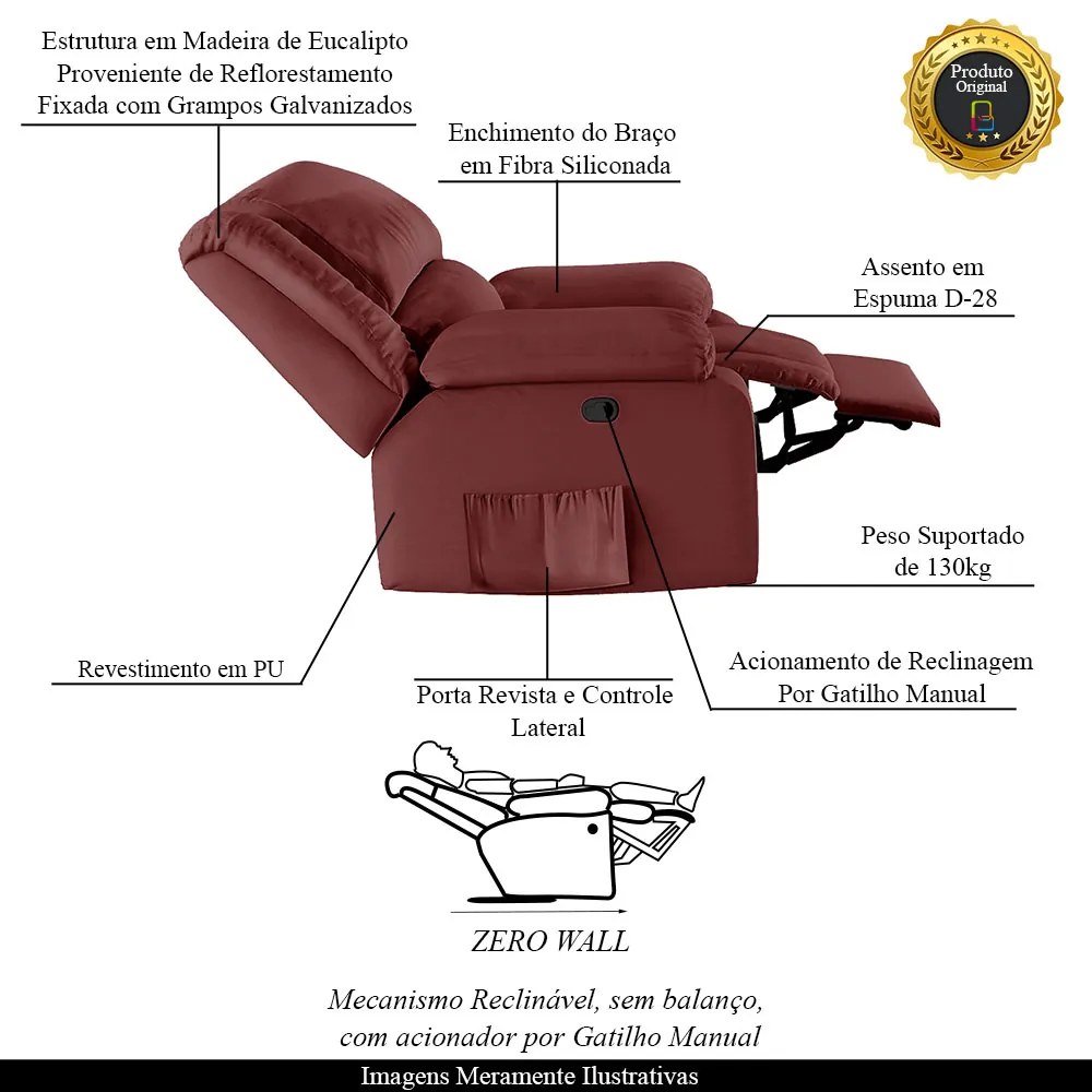 Poltrona do Papai Reclinável Sala de Cinema Madrid Manual PU Vermelho G23