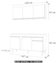 Armário Cozinha e Balcão Para Pia 150cm Dakota Cinza Claro  - Lumil