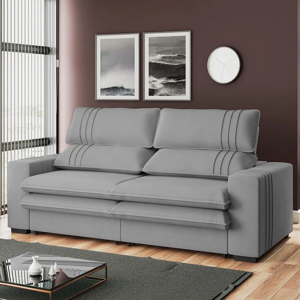 Sofá 2 Lugares Retrátil Noruega 230 cm Veludo Pés Tabaco - D'Rossi - Cinza