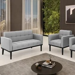 Sofá Namoradeira e 1 Poltrona Base Madeira Preto Ana Suede Cinza - Ibi