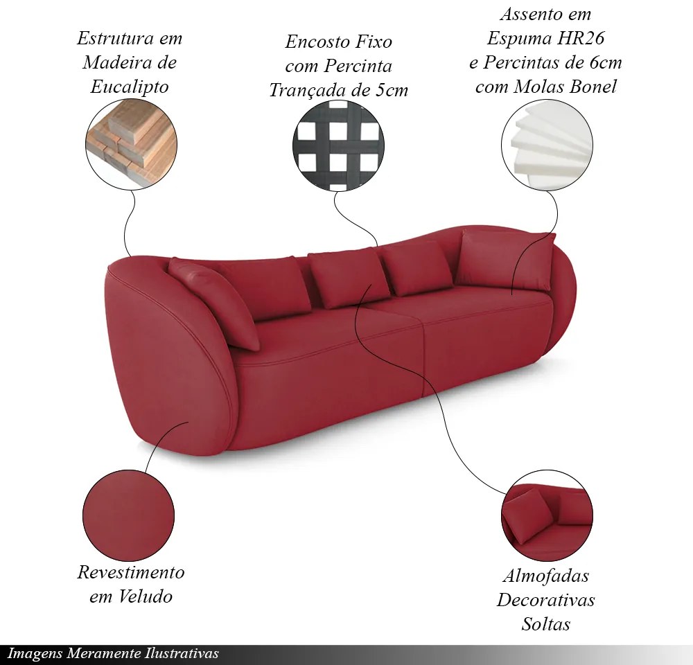 Sofá Bipartido Sala de Estar Diamond 292cm com Almofadas Soltas Veludo Bordô G52 - Gran Belo