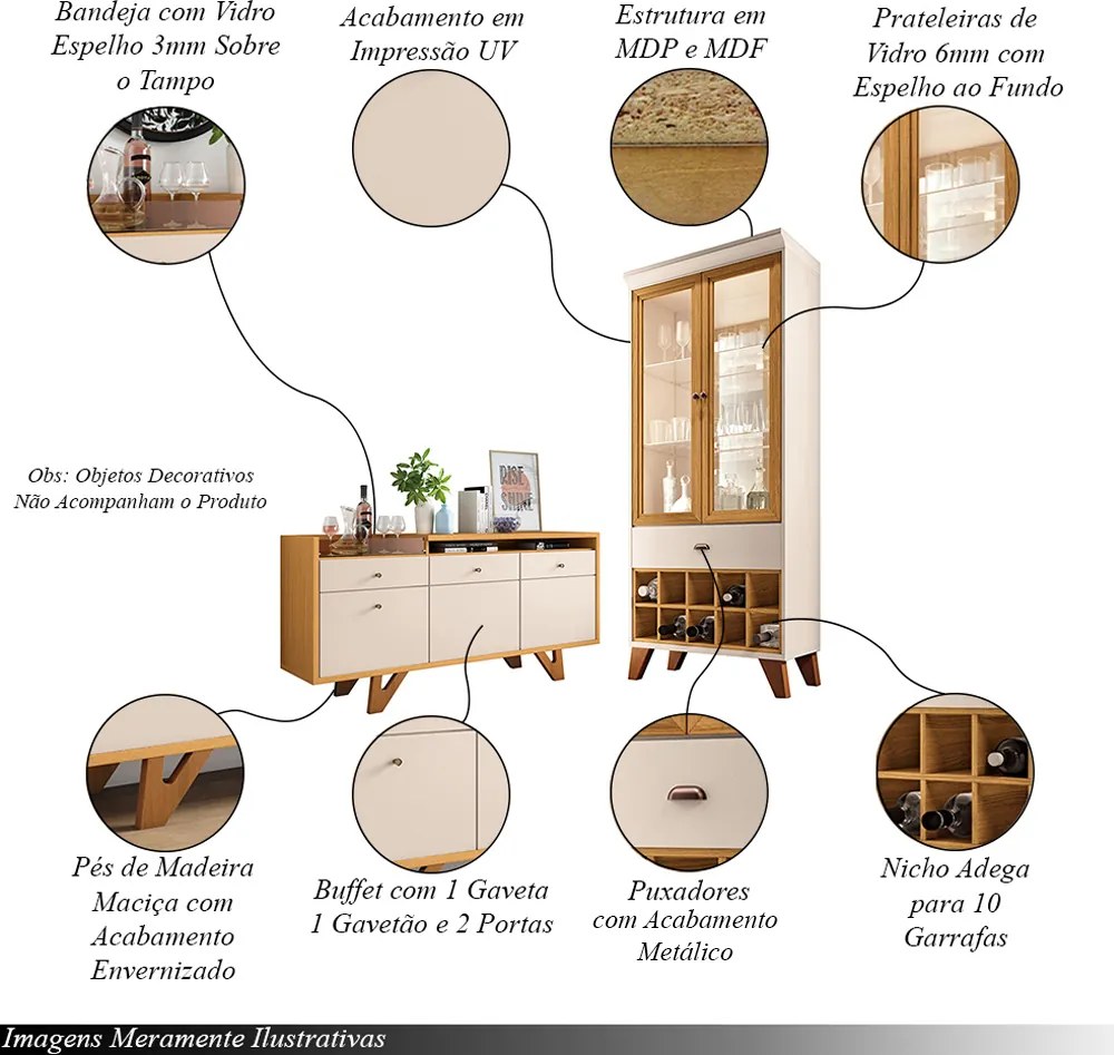 Conjunto Cristaleira e Buffet Aparador Decorativo Ópera/Sollare Off White/Cinamomo G26 - HB Móveis