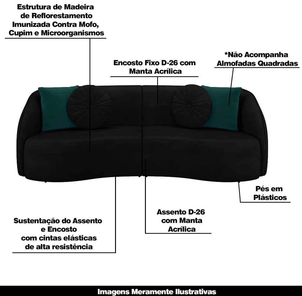 Sofá Decorativo 318cm com Almofadas Redondas Clarke Veludo Preto G45 - Gran Belo