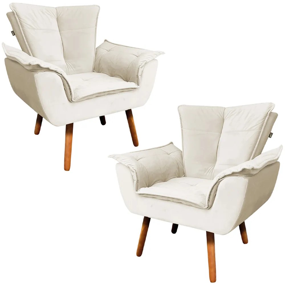 Kit 2 Poltronas Decorativas Pés Palito Charger Veludo Bege G19 - Gran Belo