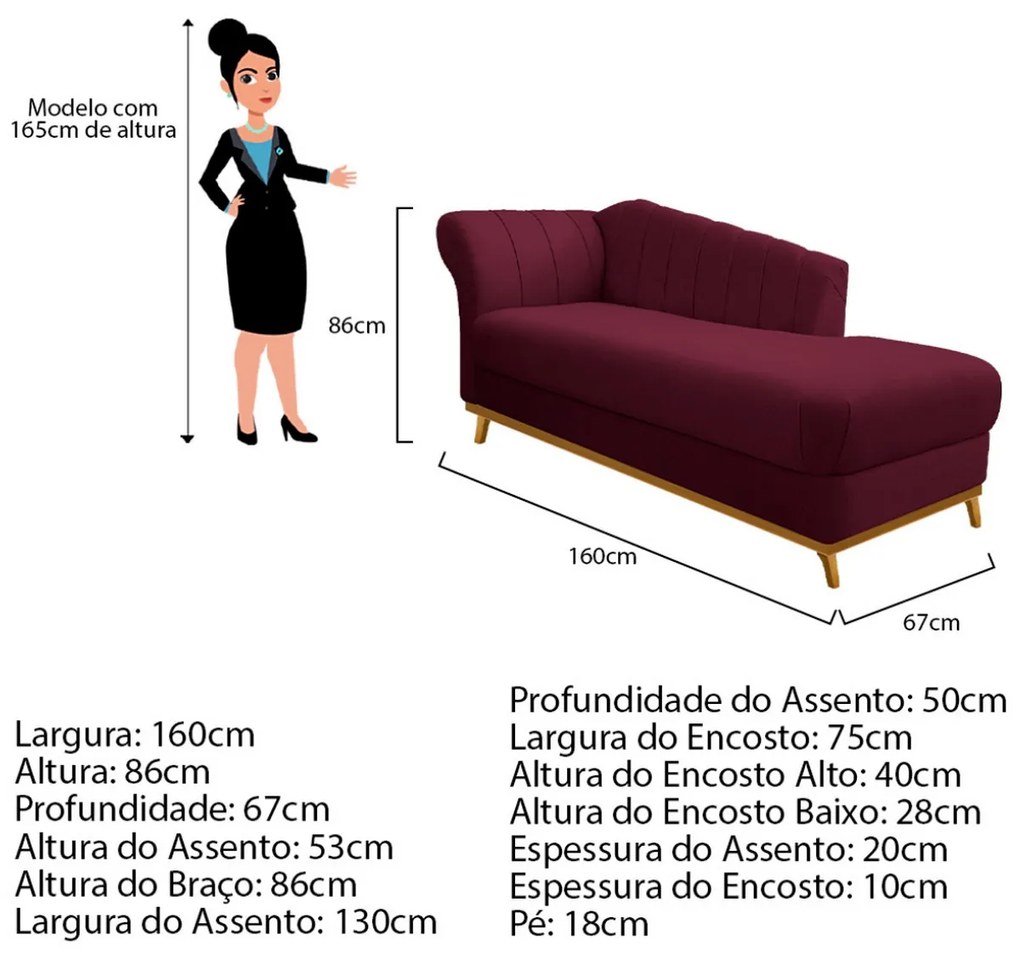 Recamier Vanessa 160cm Lado Direito Suede Bordô - ADJ Decor