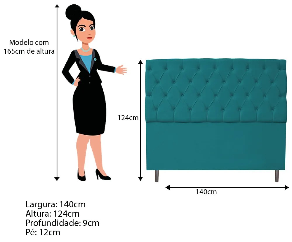 Kit Cabeceira e Calçadeira Liverpool 140 cm Casal Suede Azul Turquesa - ADJ Decor