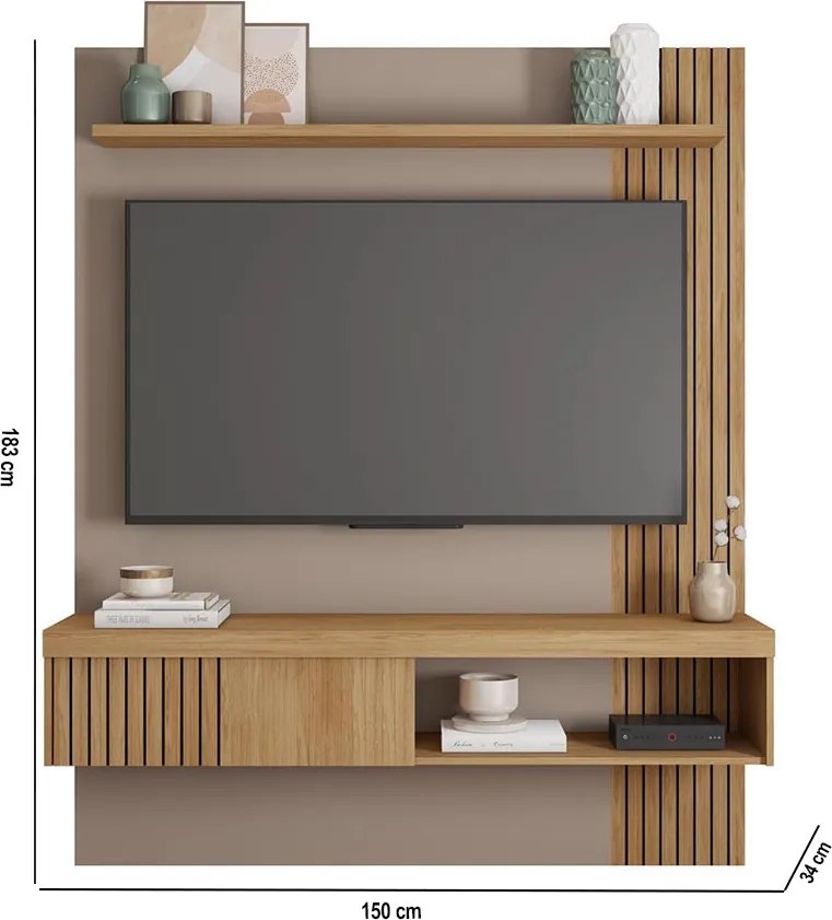 Painel TV 55 Pol 150cm Bancada Suspensa Ripado Luana Fendi/Buriti C01 - D'Rossi