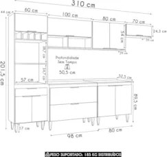 Armário de Cozinha Com Tampo CP06 310cm Pérola Preto Z34      - Mpozen