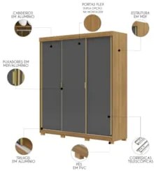 Guarda Roupa Casal 200cm 3 Portas Porto Flex Nature/Alasca - Vila Rica