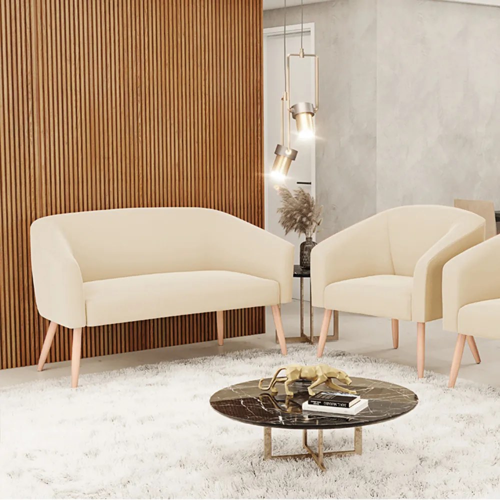 Sofá Namoradeira e Poltrona Pé Palito Natural Stella Suede Bege D03 - D'Rossi